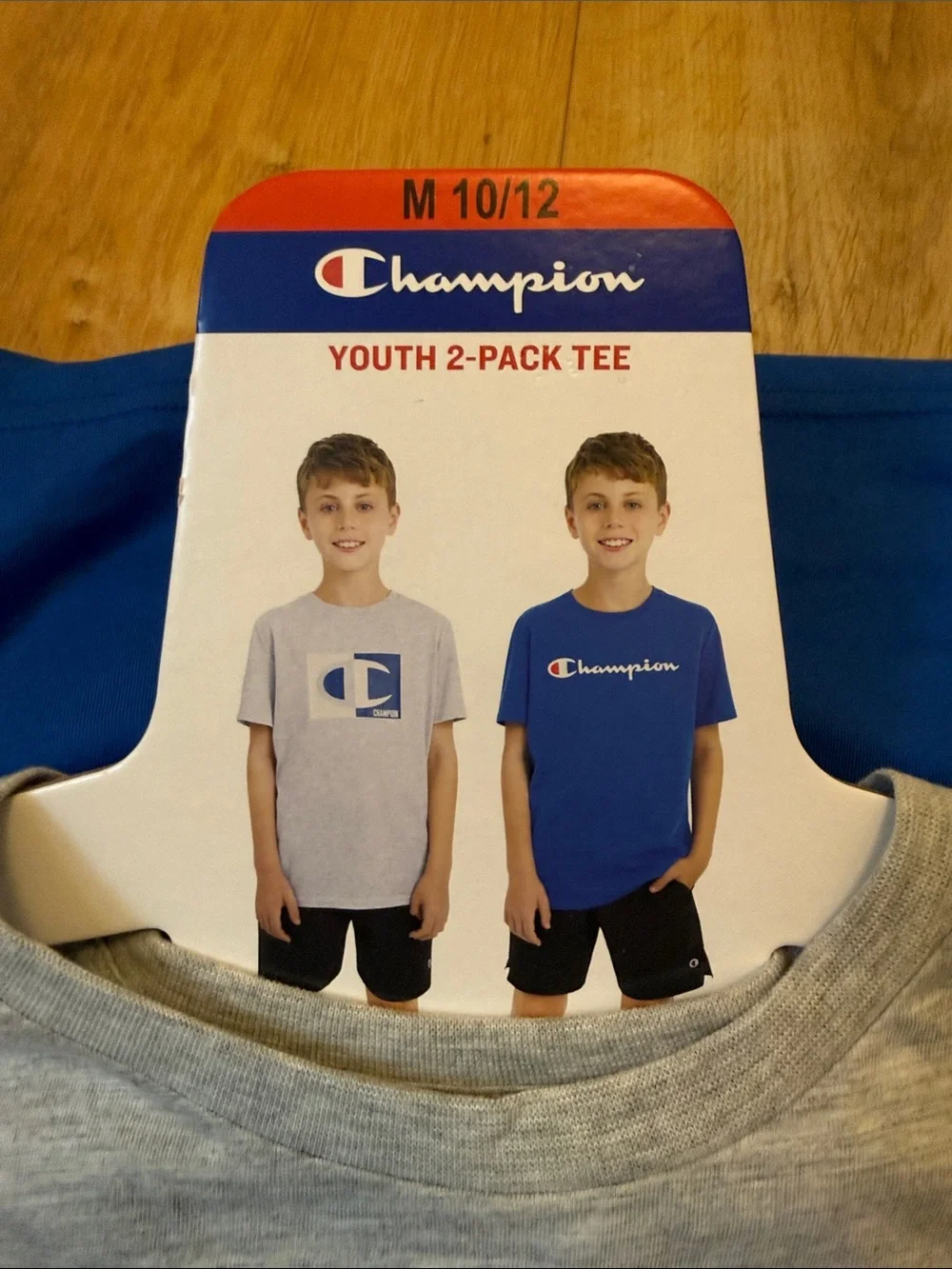 Champion Gray & Blue Block Logo T‑Shirt